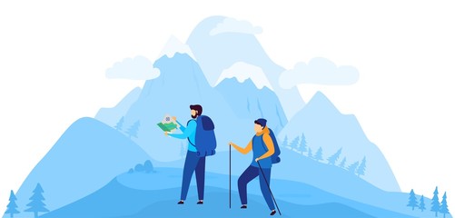 Mountain climbing, climbers people travelers stand on top of mountain background looking on map, carrying a backpack on his back, vector illustration. Travel in mountain alpinist.