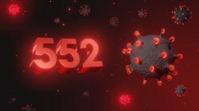 Number 552 in red 3d text on dark corona virus background, 3d render, illustration, virus