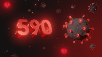 Number 590 in red 3d text on dark corona virus background, 3d render, illustration, virus