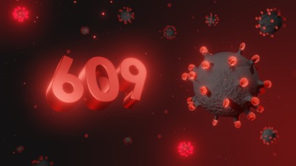 Number 609 in red 3d text on dark corona virus background, 3d render, illustration, virus