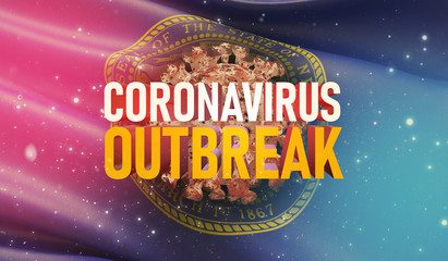 Coronavirus COVID-19 outbreak concept, background with flags of the states of USA. State of Nebraska flag. Pandemic stop Novel Coronavirus outbreak covid-19 3D illustration.