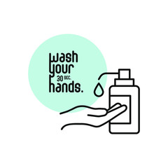 Hand washing with soap icon. Lettering Wash Your Hands. Hand drawn vector illustration of black color, isolated on white background. Remarkable icons shows messages ''stay safe'' or ''stay clean''