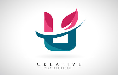 Blue and Red Letter U with Leaf and Creative Swoosh Logo Design.