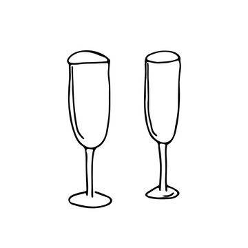 Doodle hand-drawn champagne glasses. Black-white vector illustration for web, booklets, textiles.