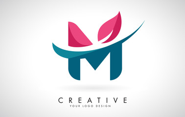 Blue and Red Letter M with Leaf and Creative Swoosh Logo Design.