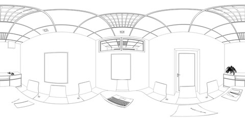 spherical panorama of the interior, contour visualization, 3D illustration, sketch, outline