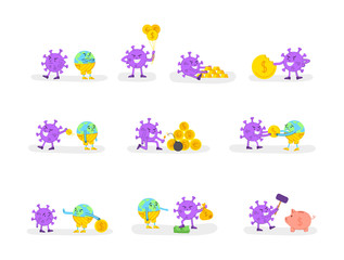 Coronavirus covid-19 economic crisis concept - evil virus and gold coins or money and sad planet Earth, global financial situation in the world - flat cartoon character spot illustration vector set