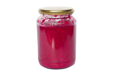red very sharp horseradish in a transparent little jar for your design or menu