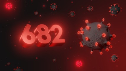 Number 682 in red 3d text on dark corona virus background, 3d render, illustration, virus