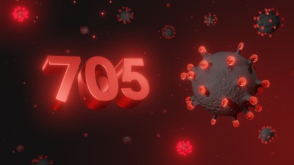 Number 705 in red 3d text on dark corona virus background, 3d render, illustration, virus