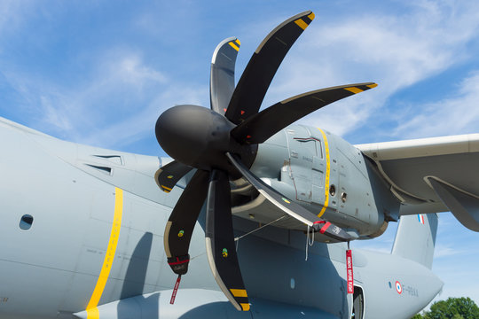 BERLIN, GERMANY - MAY 21, 2014: Turboprop engine Europrop TP400-D6, military transport aircraft Airbus A400M Atlas. Exhibition ILA Berlin Air Show 2014