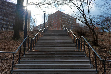 Outdoor Stairs going up to an Urban Park in Woodside Queens New York