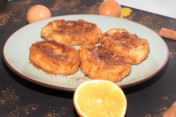 Torrijas, Spanish food typical in Easter Week. It's made of bread, milk, sugar, cinnamon, lemon, eggs.