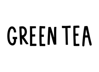Green tea logo, lettering design, calligraphy logotype, leaf, set of stickers, green labels.