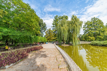 Novi Sad, Serbia - September 17, 2019: Danube Park or (Serbian: Dunavski Park) is an urban park in the downtown of Novi Sad. Formed in 1895, it is protected and is one of the symbols of the city.