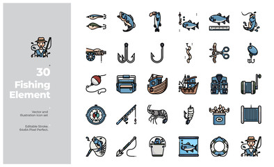 Vector Color Line Icons Set of Fishing Equipment and Outdoor Activity Icon. Editable Stroke. Design for Website, Mobile App and Printable Material. Easy to Edit & Customize.