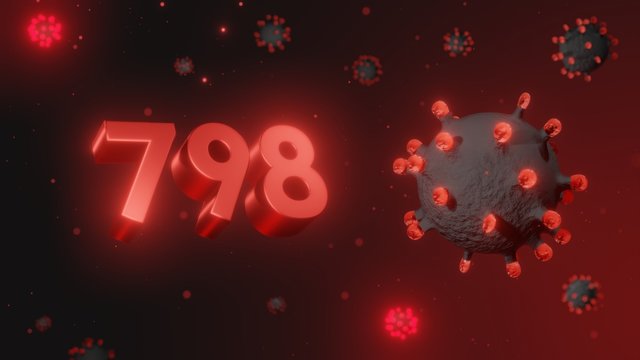 Number 798 in red 3d text on dark corona virus background, 3d render, illustration, virus