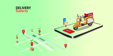 Fast delivery package by scooter on mobile phone. Order package by app. Tracking courier by map application. Vector illustration