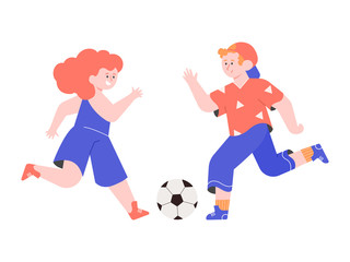 Fototapeta na wymiar Kids play soccer. A boy and a girl kick each other a ball. Sports, children's games and active entertainment. Vector flat illustration.