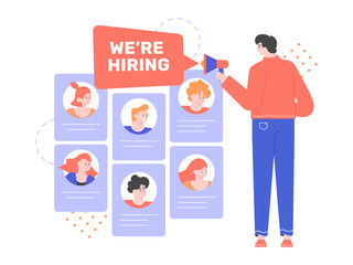 Man with a gramophone, we are hiring text and cards of candidates for the post. Search for new employees, human resources, headhunting. Concept vector flat illustration.