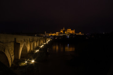 Fototapeta na wymiar night view beyond the Roman bridge of Cordoba