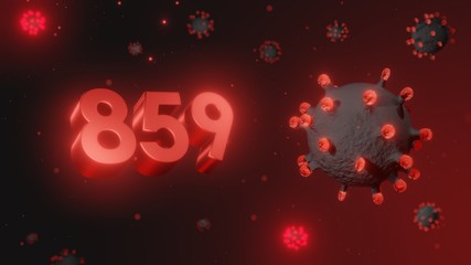 Number 859 in red 3d text on dark corona virus background, 3d render, illustration, virus