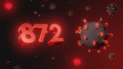 Number 872 in red 3d text on dark corona virus background, 3d render, illustration, virus