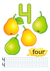 Vector printable worksheet for kindergarten and preschool. Exercises for writing numbers. Learn numbers with bright fresh fruits count and color from 1 to 10