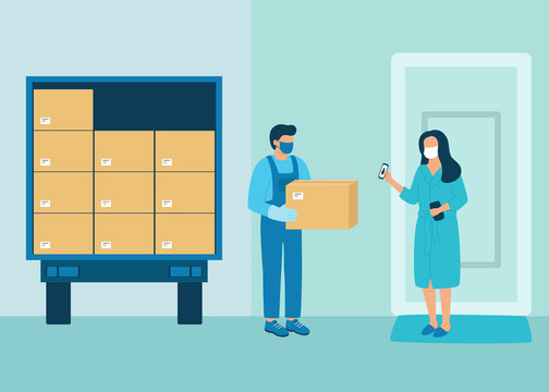 Safe delivery of box goods to buyer. Cargo delivery by car. Man courier delivered parcel box to woman customer. Delivery during virus period. Vector illustration