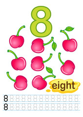 Vector printable worksheet for kindergarten and preschool. Exercises for writing numbers. Learn numbers with bright fresh fruits count and color from 1 to 10