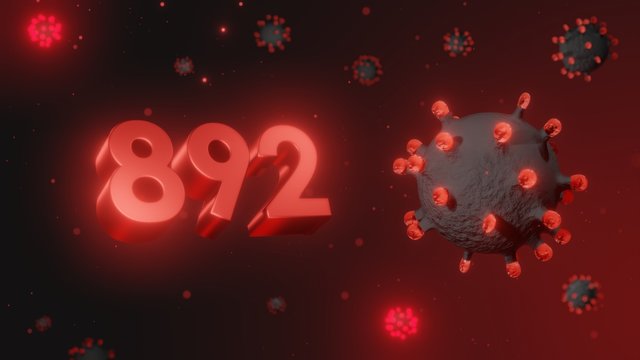 Number 892 in red 3d text on dark corona virus background, 3d render, illustration, virus