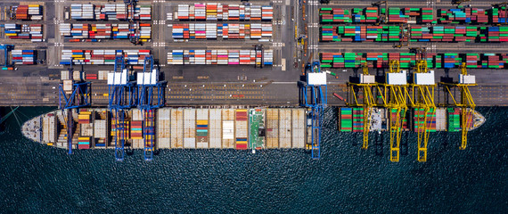Aerial view container cargo ship in ocean, Business industry commerce global import export logistic...