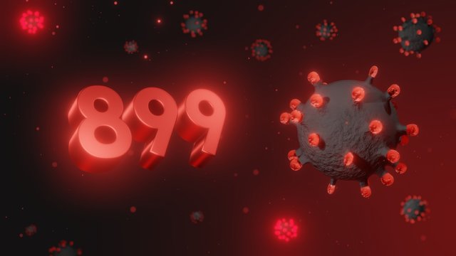 Number 899 in red 3d text on dark corona virus background, 3d render, illustration, virus
