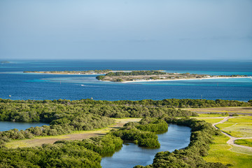 Fototapeta na wymiar Panoramic high view of Los Roques town. Los Roques National Park, Venezuela. View from lighthouse.