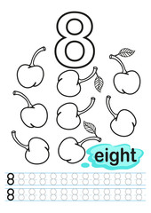 Vector coloring printable worksheet for kindergarten and preschool. Exercises for writing numbers. Learn numbers with bright fresh fruits count and color from 1 to 10