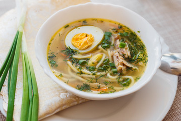 Homemade chicken soup with homemade egg noodles, horizontal, copy space