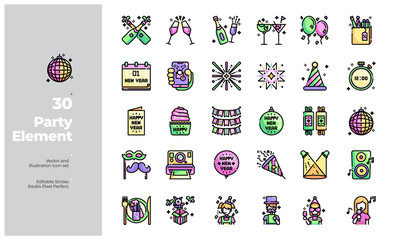 Vector Color Line Icons Set of New Year Party and Party Element Icon. Editable Stroke. Design for Website, Mobile App and Printable Material. Easy to Edit & Customize.