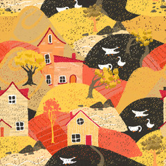 Hand drawn graphic illustration seamless pattern with houses, trees and mountains. Nature landscape concept. Perfect for kids fabric, textile, nursery wallpaper © Valeriia