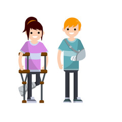 Man and woman with broken arm and leg. Cartoon flat illustration. Illness and injury. Bandage, crutch. medical healthcare. Young boy and girl