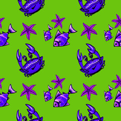 seamless pattern crabs fish blue green