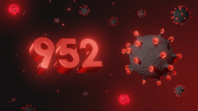 Number 952 in red 3d text on dark corona virus background, 3d render, illustration, virus
