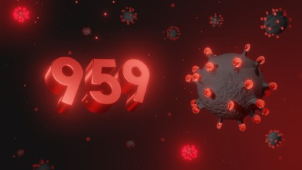 Number 959 in red 3d text on dark corona virus background, 3d render, illustration, virus