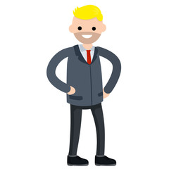 Successful businessman in strong pose. Happy man in suit and tie. Hands at the waist. Cartoon flat illustration. Office worker