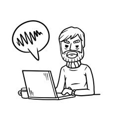 Man sitting at table with laptop. Sad displeased boy. Hand drawn sketch cartoon. Work as freelancer and programmer. Angry guy. Modern gadget and problem
