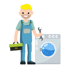 Plumber repairs washing machine. Breakdown of household appliances. Worker with a wrench, tool. Service and fix. Toolbox in hand. Problem with Laundry.