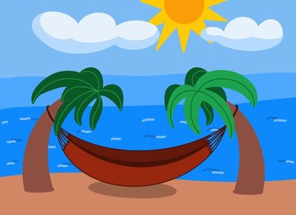 hammock for relaxing under the sun and two palm trees near the sea