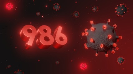 Number 986 in red 3d text on dark corona virus background, 3d render, illustration, virus