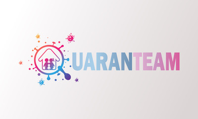 Quaranteam social logo and text to stay at home. Coronavirus quarantine, virus in quarantine to prevent infection. Text with logo - 338850980