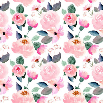 Pink Floral Watercolor Seamless Pattern