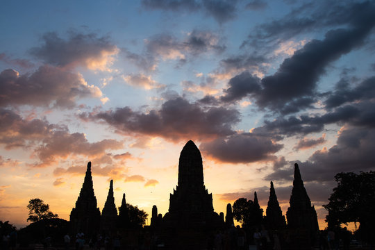 The silhouette of the pagoda at Wat Chaiwatthanaram temple with beautiful sunset in Phra Nakhon Si Ayutthaya Province, central Thailand.